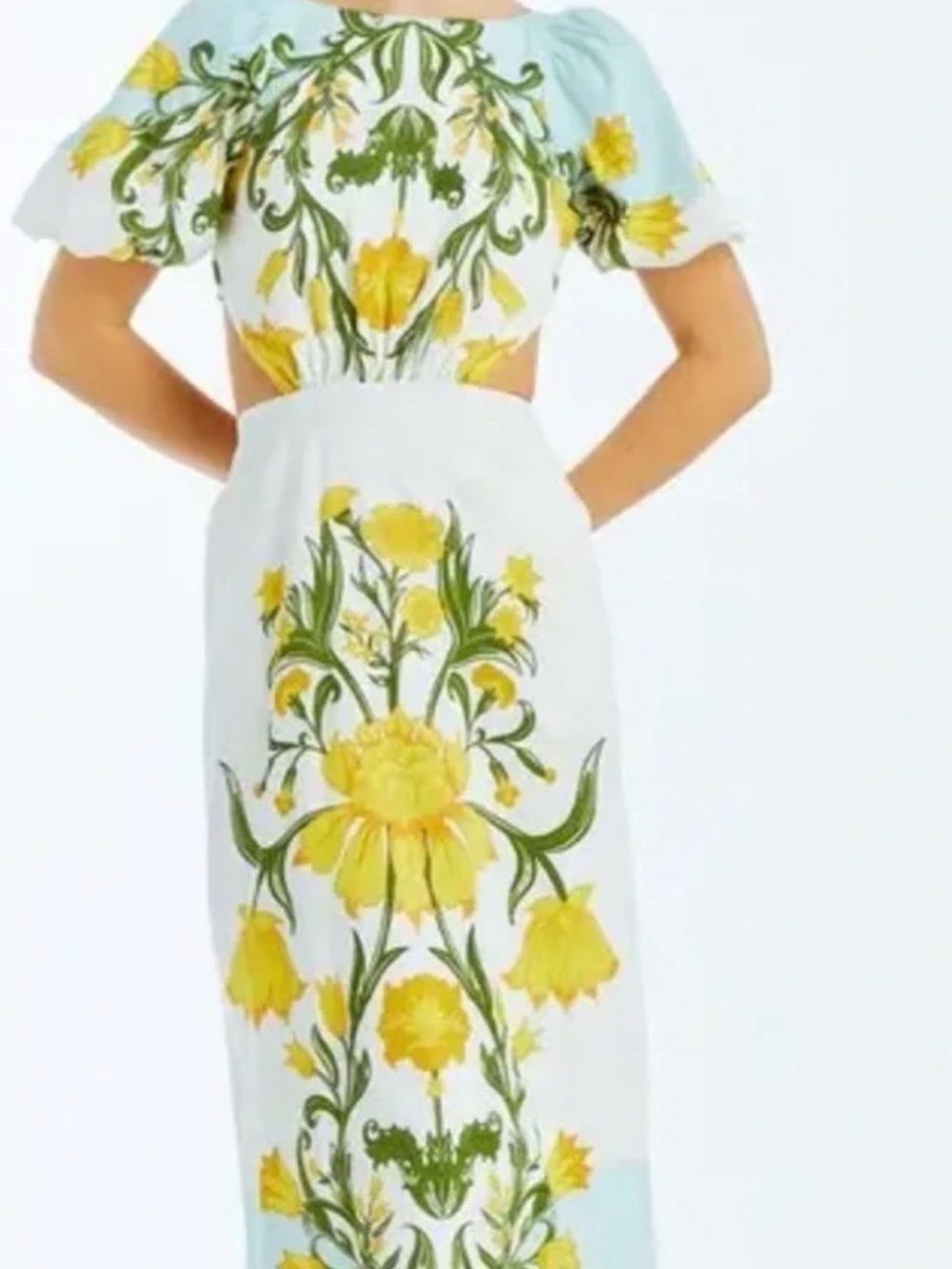 White Midi Dress with Yellow Floral Print and Cutout - Women's